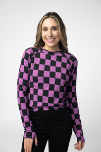 Blair Long Sleeve Top in Black and Purple Checkers