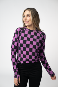 Blair Long Sleeve Top in Black and Purple Checkers