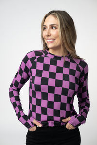 Blair Long Sleeve Top in Black and Purple Checkers