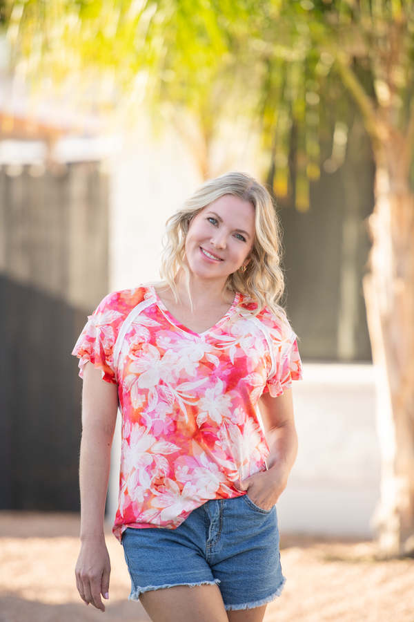 Raelynn V-Neck Top in Sunset Tropical Floral
