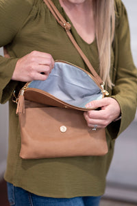 Flap Over Clutch Cross Body Bag in Taupe