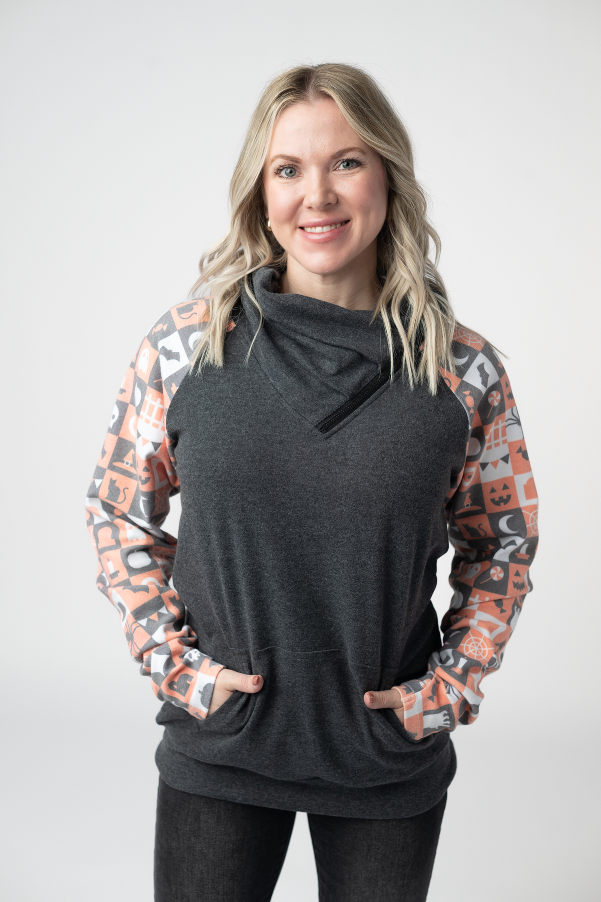 Zoey ZipCowl Sweatshirt in Trick-or-Treat Checkered and Charcoal