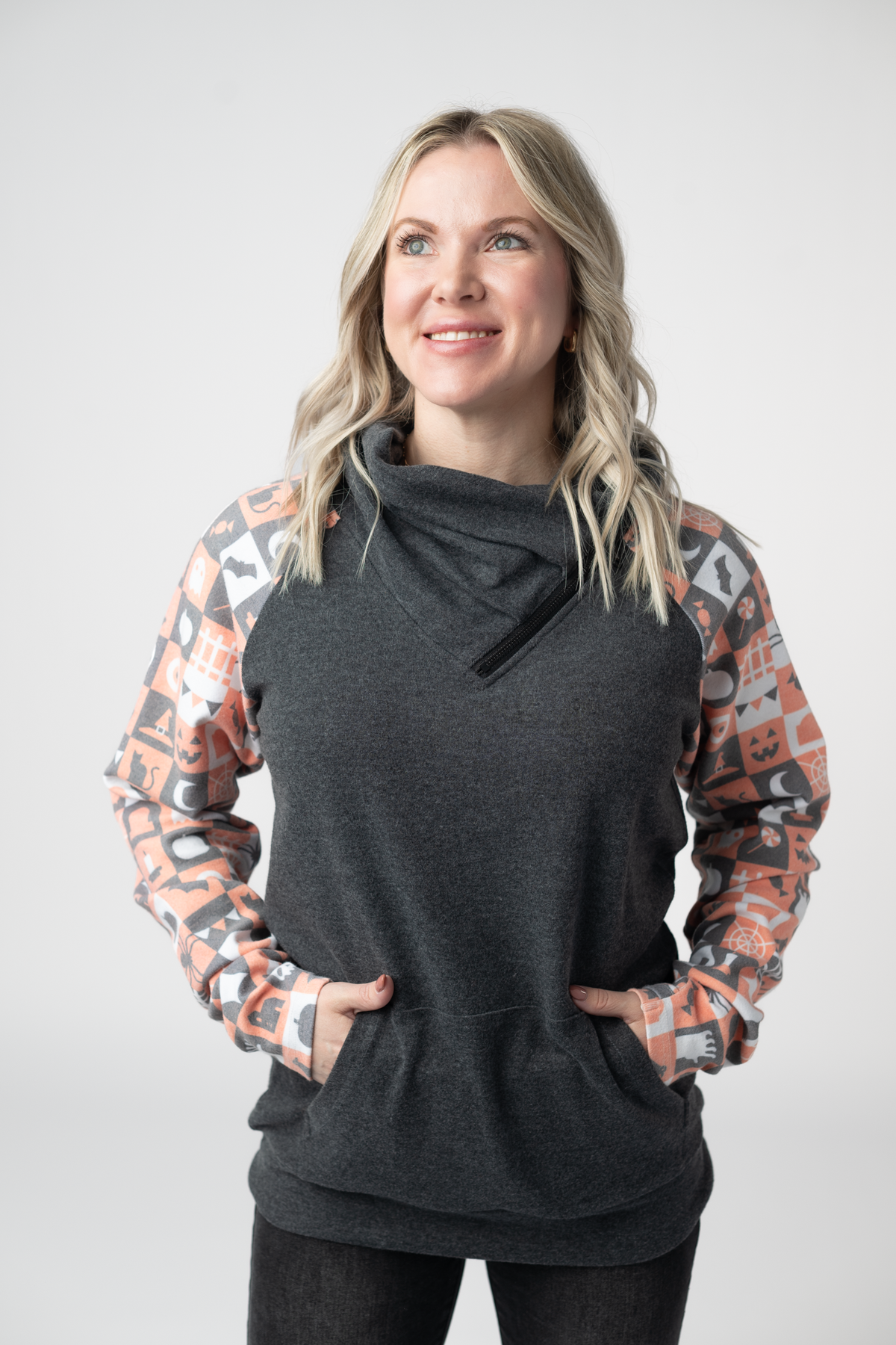 Zoey ZipCowl Sweatshirt in Trick-or-Treat Checkered and Charcoal