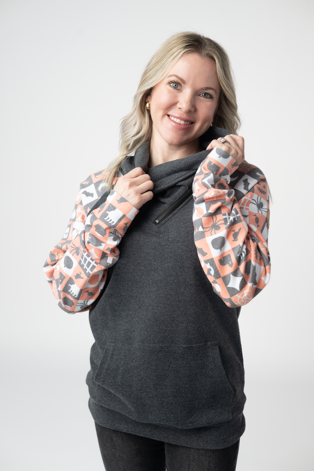 Zoey ZipCowl Sweatshirt in Trick-or-Treat Checkered and Charcoal