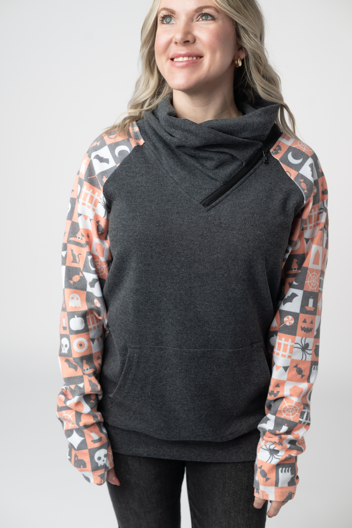 Zoey ZipCowl Sweatshirt in Trick-or-Treat Checkered and Charcoal