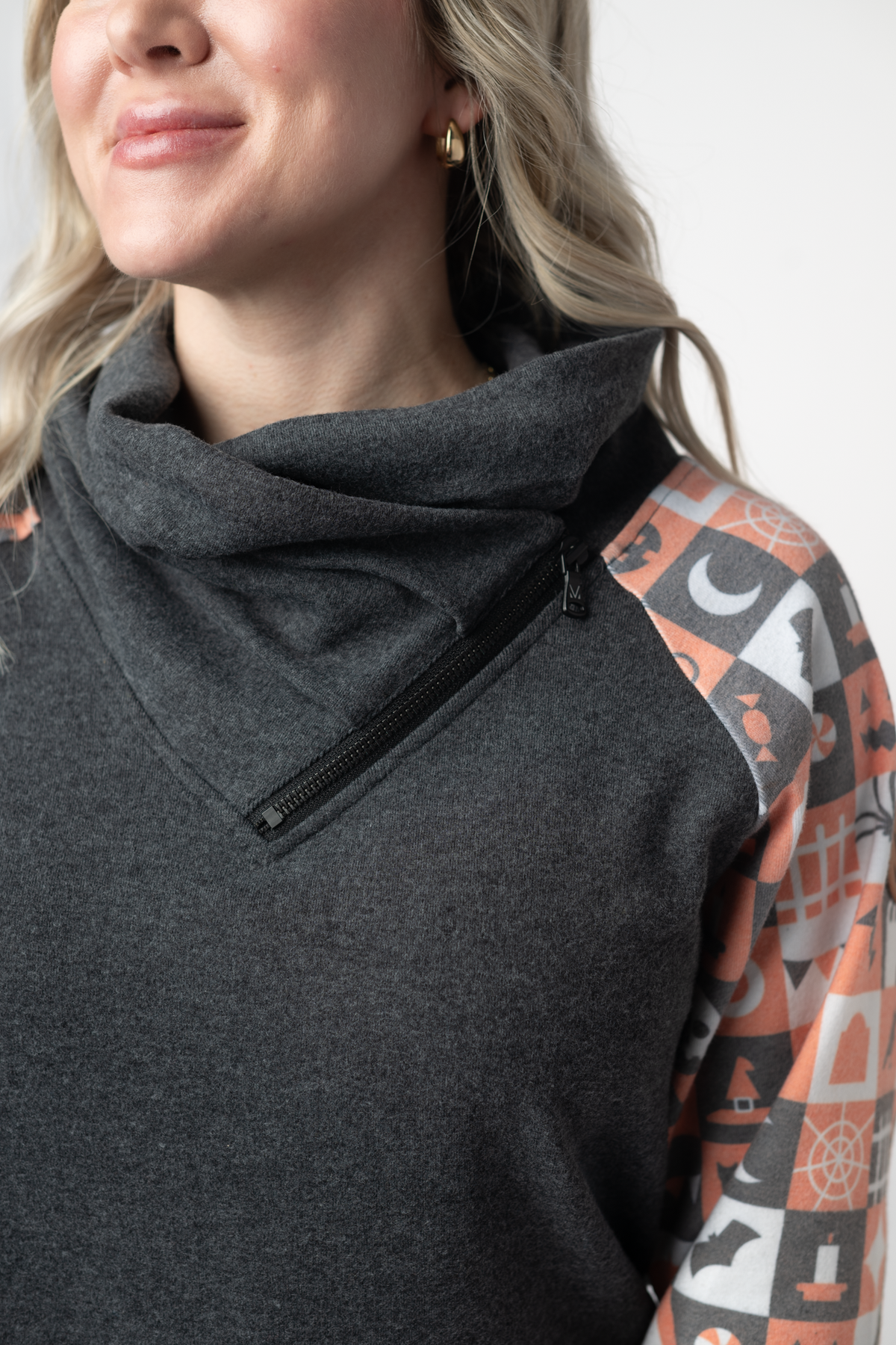 Zoey ZipCowl Sweatshirt in Trick-or-Treat Checkered and Charcoal