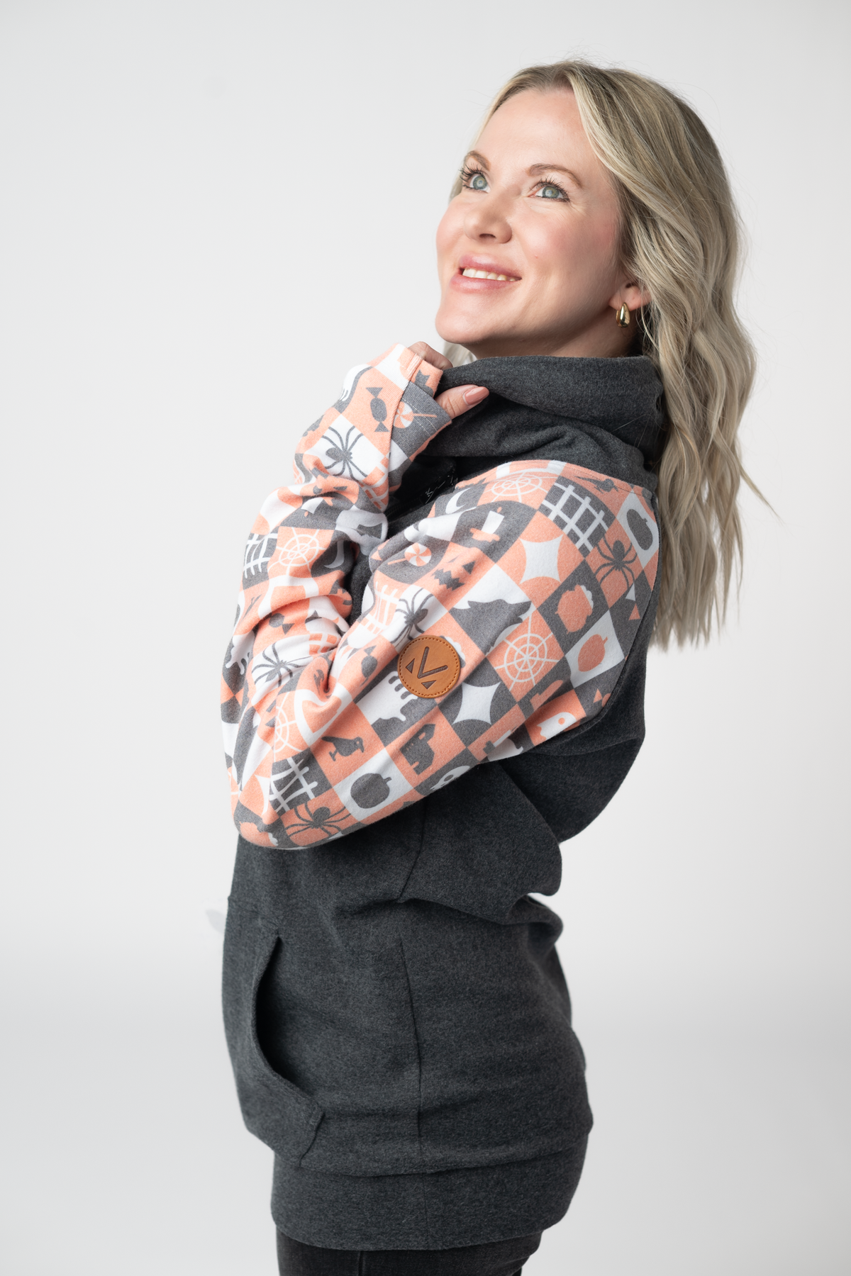 Zoey ZipCowl Sweatshirt in Trick-or-Treat Checkered and Charcoal