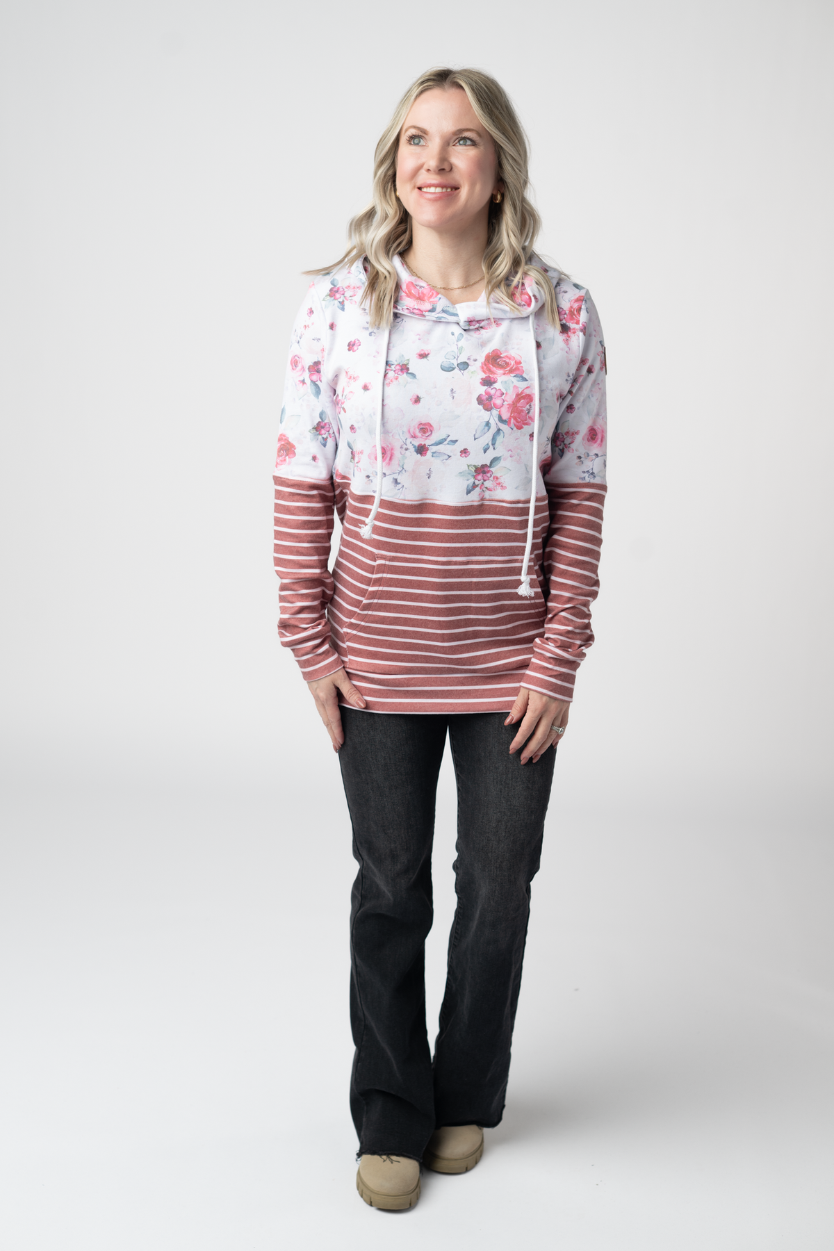 Hailey Pullover Hoodie in  Pink Bloom and Stripes
