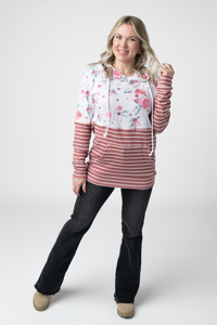 Hailey Pullover Hoodie in  Pink Bloom and Stripes