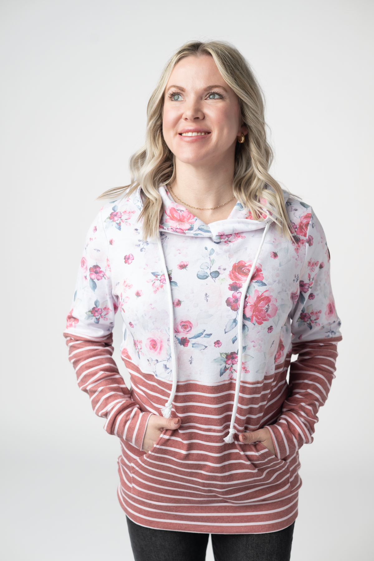 Hailey Pullover Hoodie in  Pink Bloom and Stripes