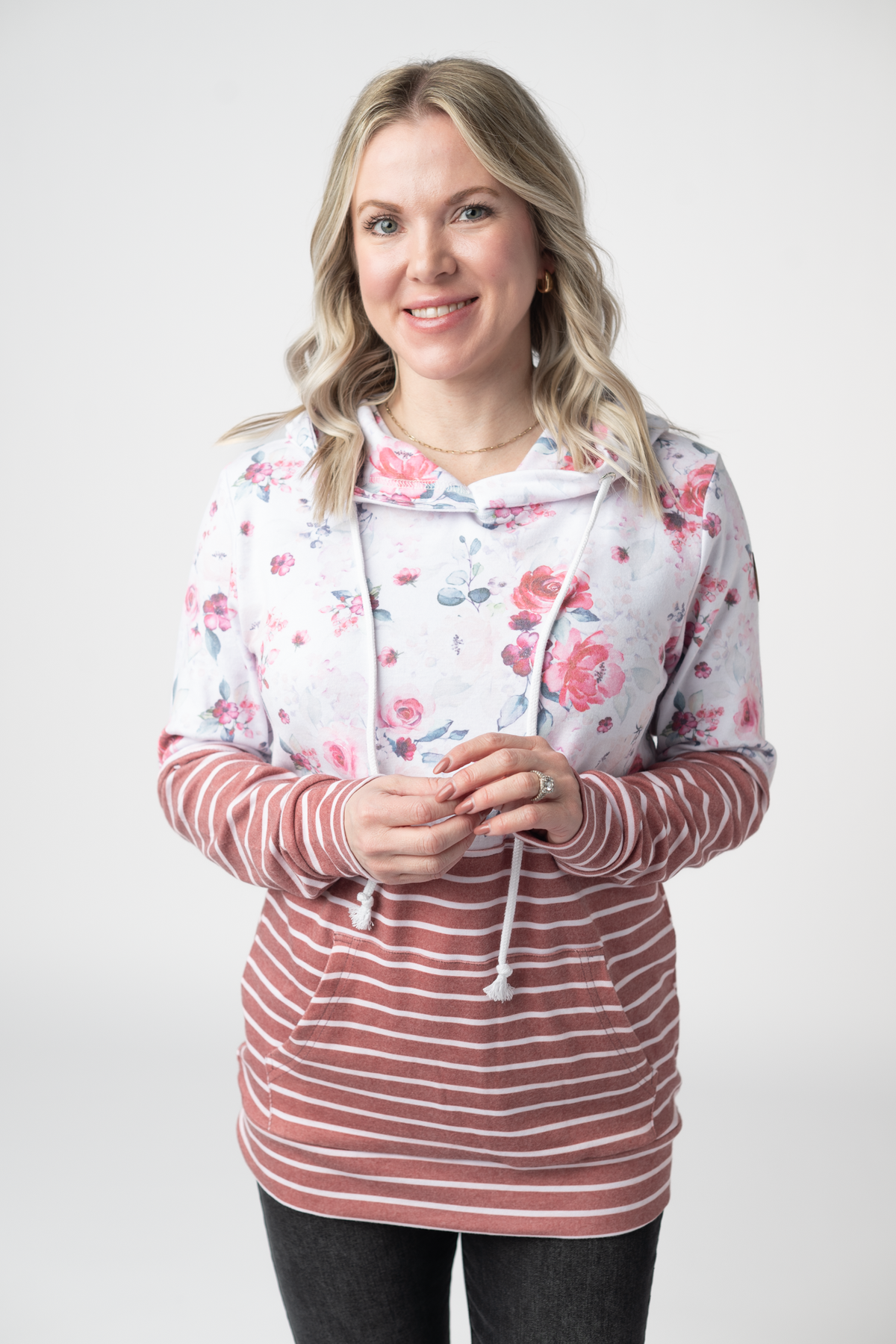 Hailey Pullover Hoodie in  Pink Bloom and Stripes