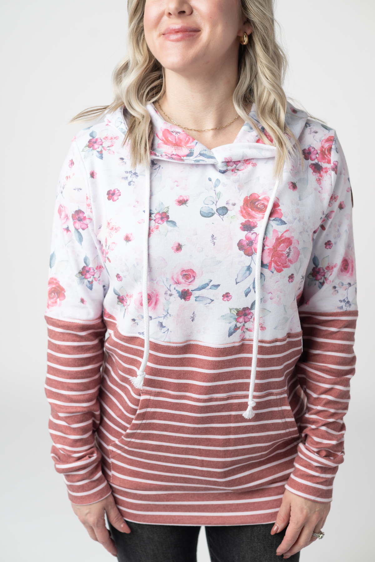 Hailey Pullover Hoodie in  Pink Bloom and Stripes