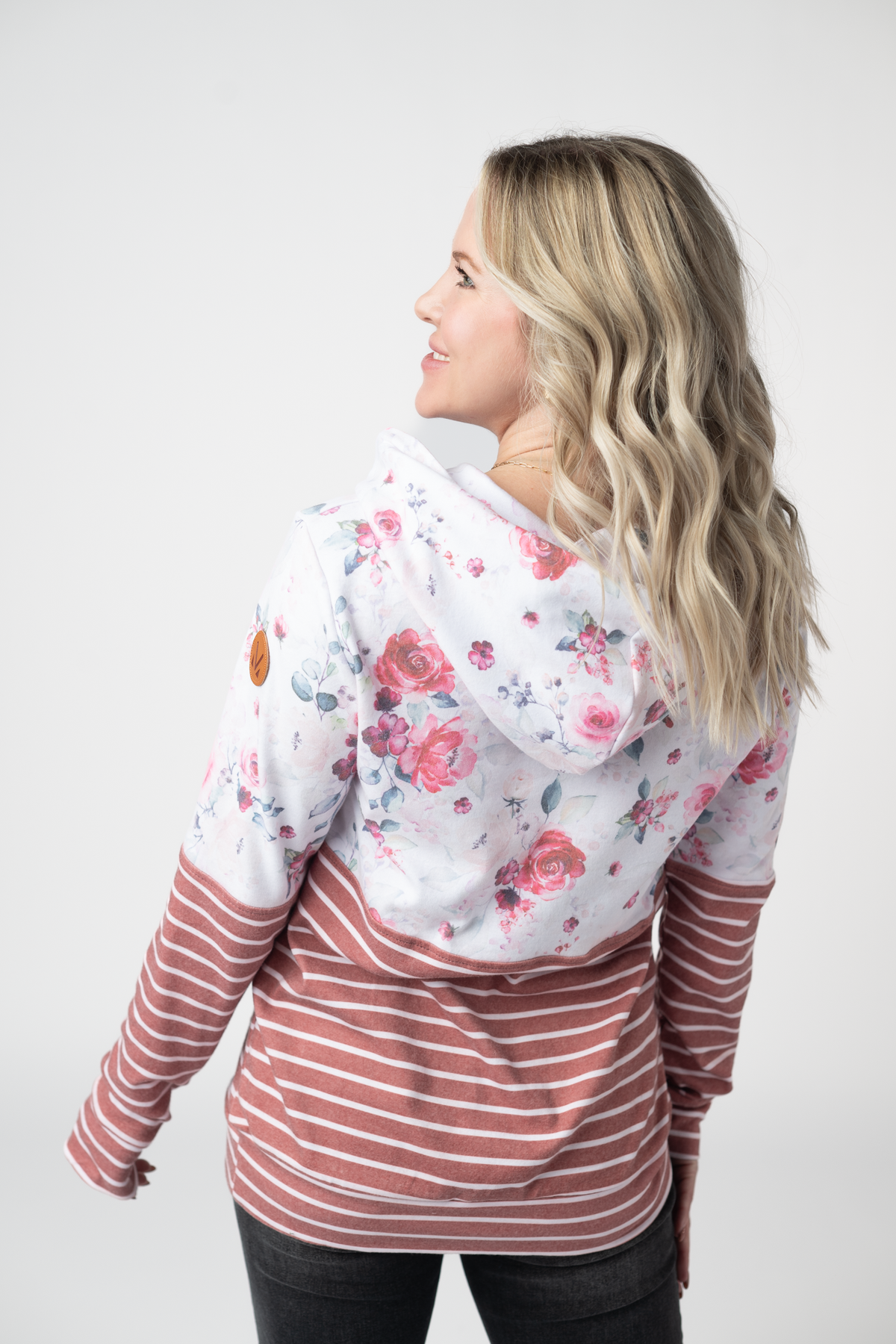 Hailey Pullover Hoodie in  Pink Bloom and Stripes
