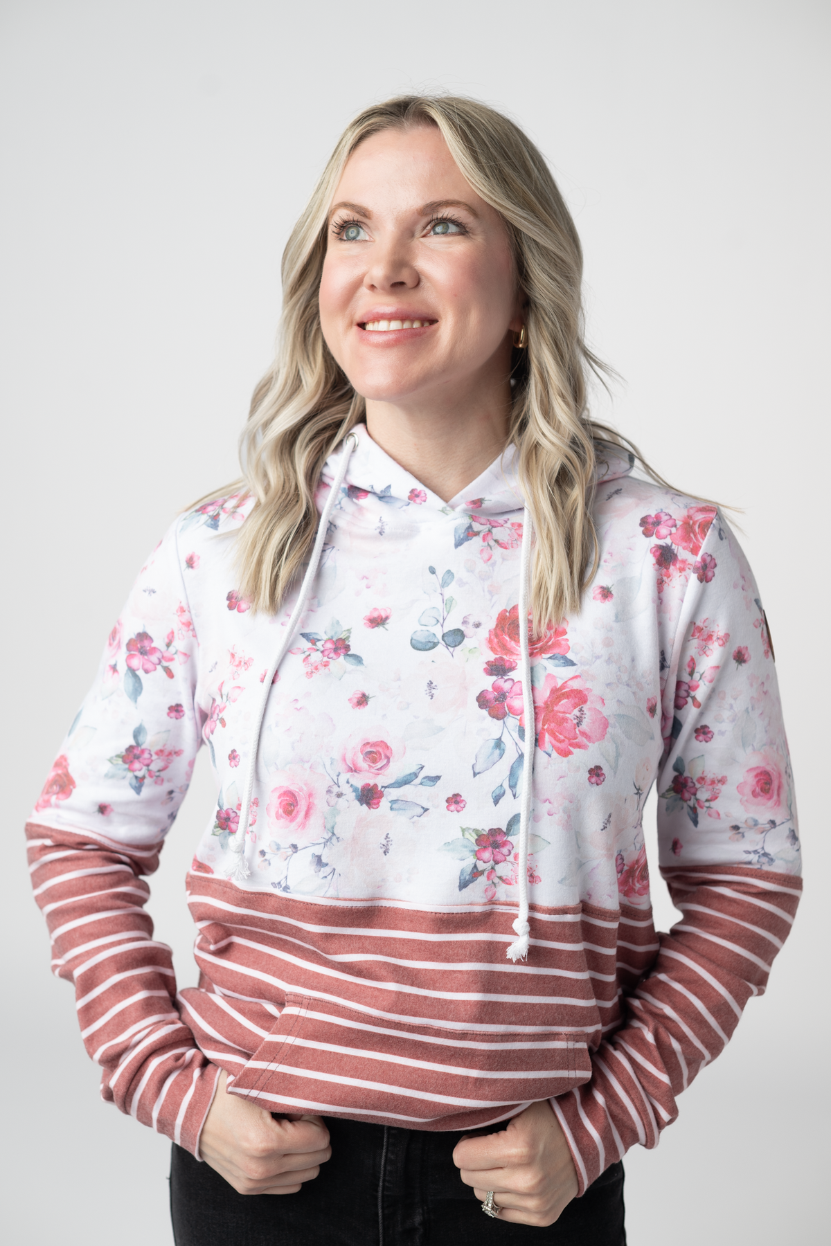 Hailey Pullover Hoodie in  Pink Bloom and Stripes