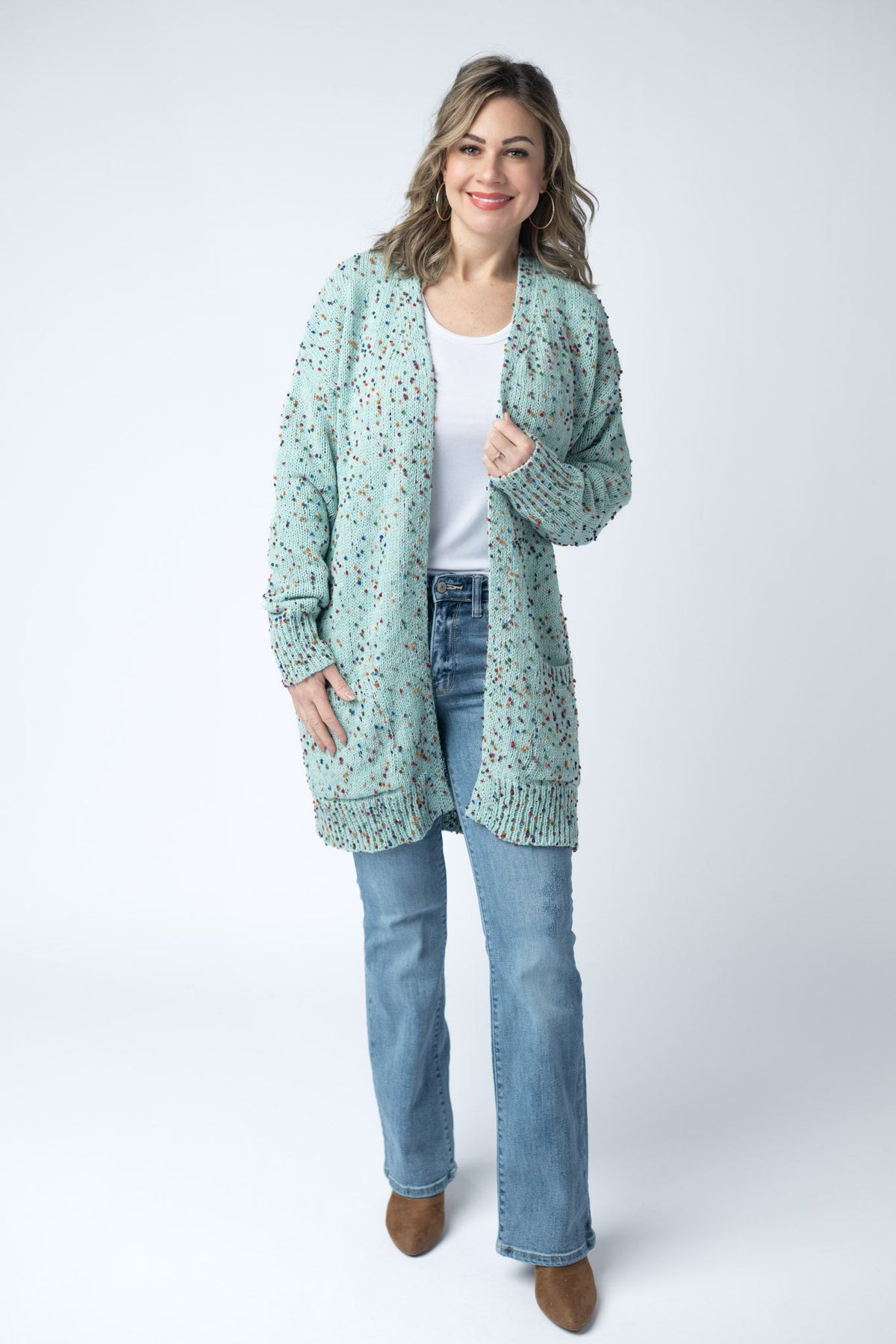 Carly Confetti Dot Cardigan in Aqua Blue