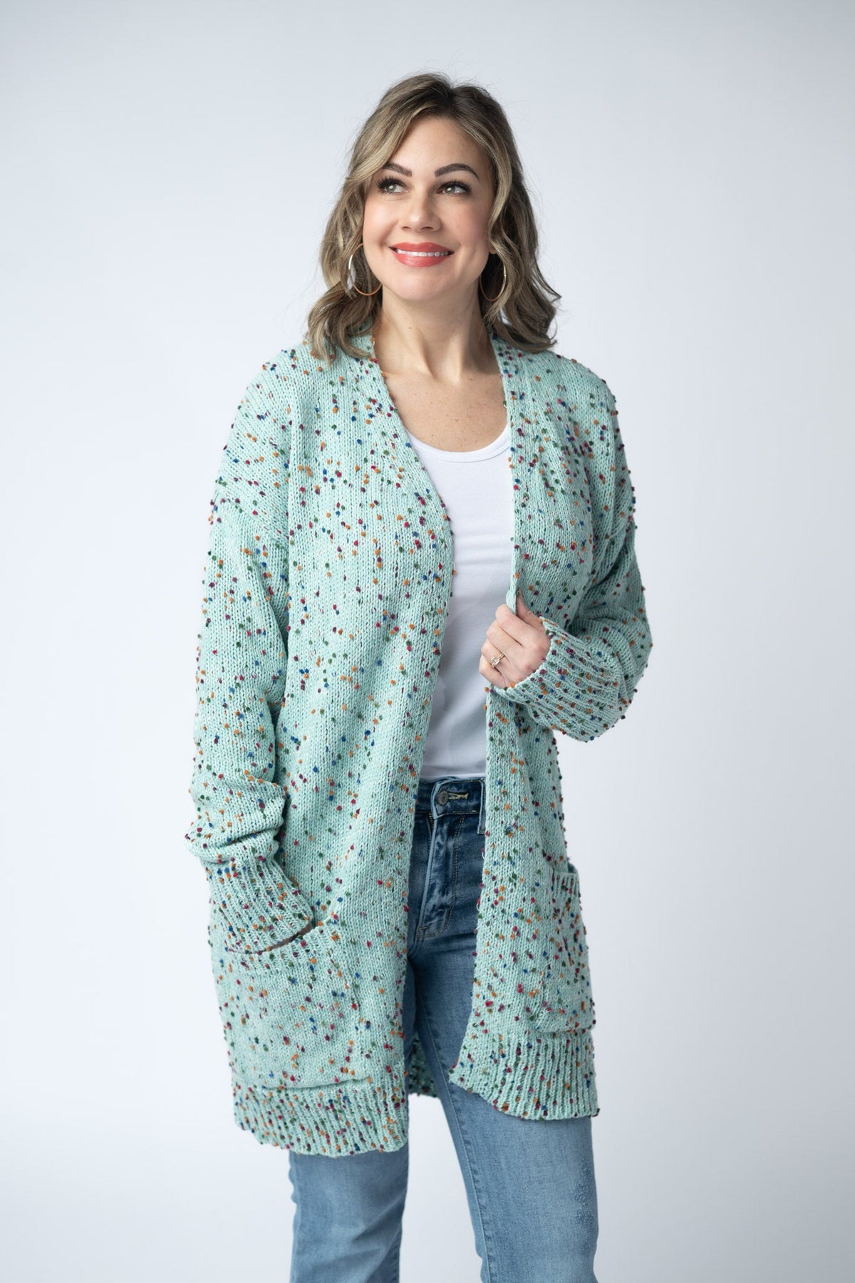 Carly Confetti Dot Cardigan in Aqua Blue