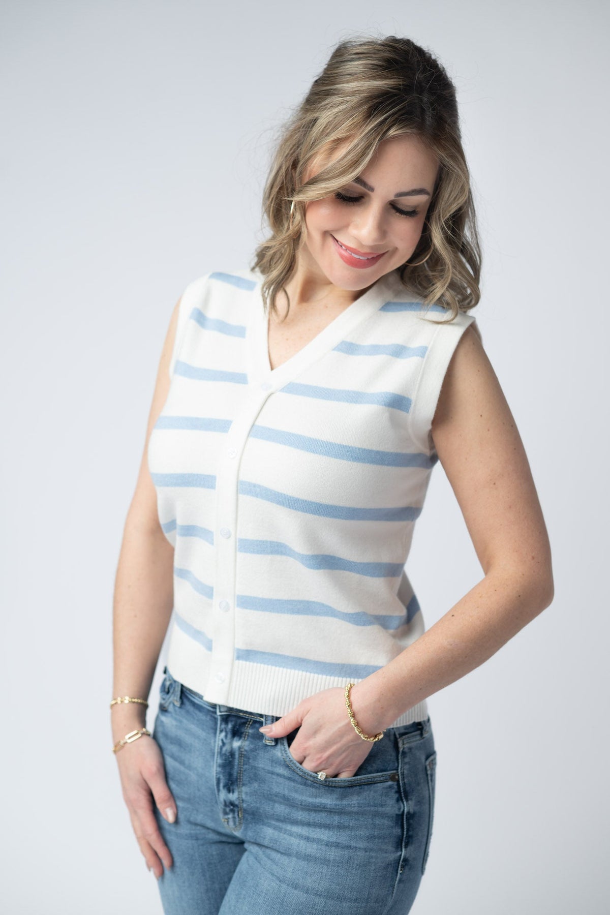 Lucy Striped Button Tank in Sky Blue