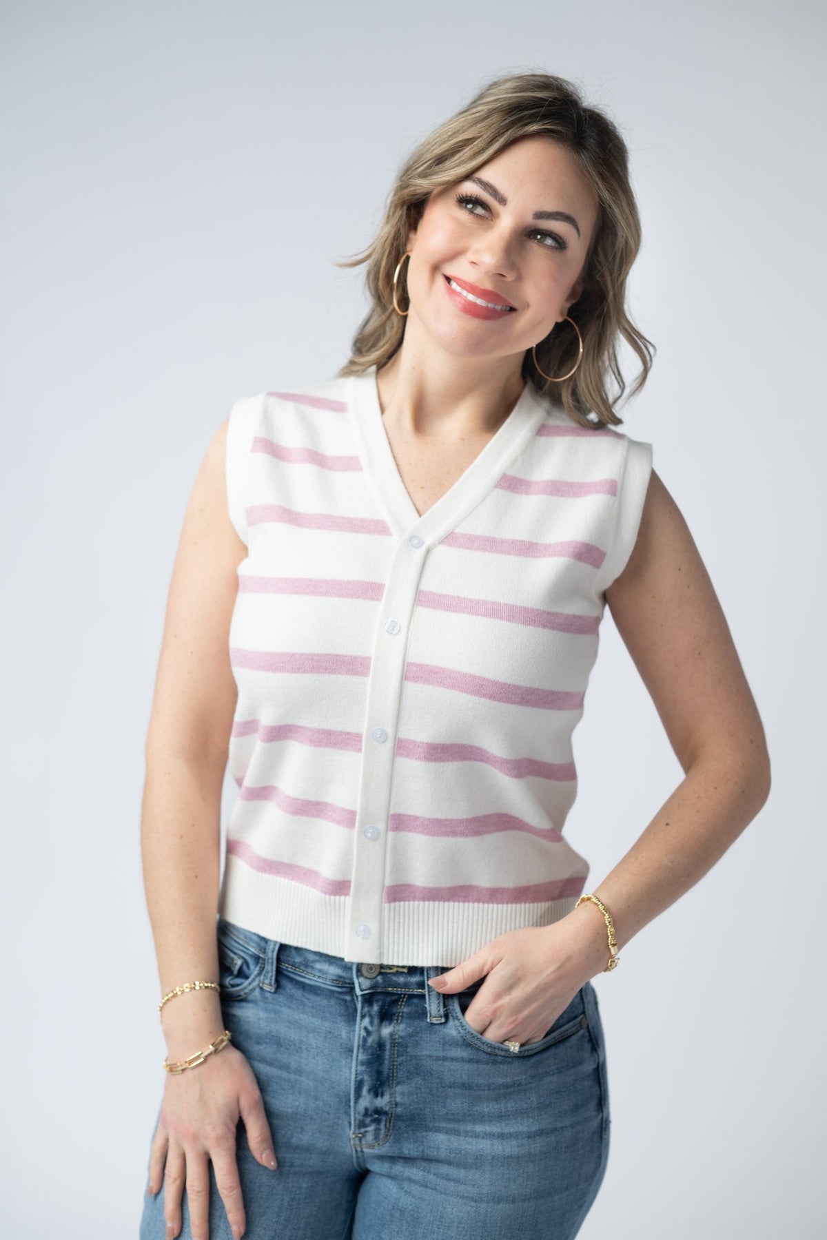 Lucy Striped Button Tank in Pink