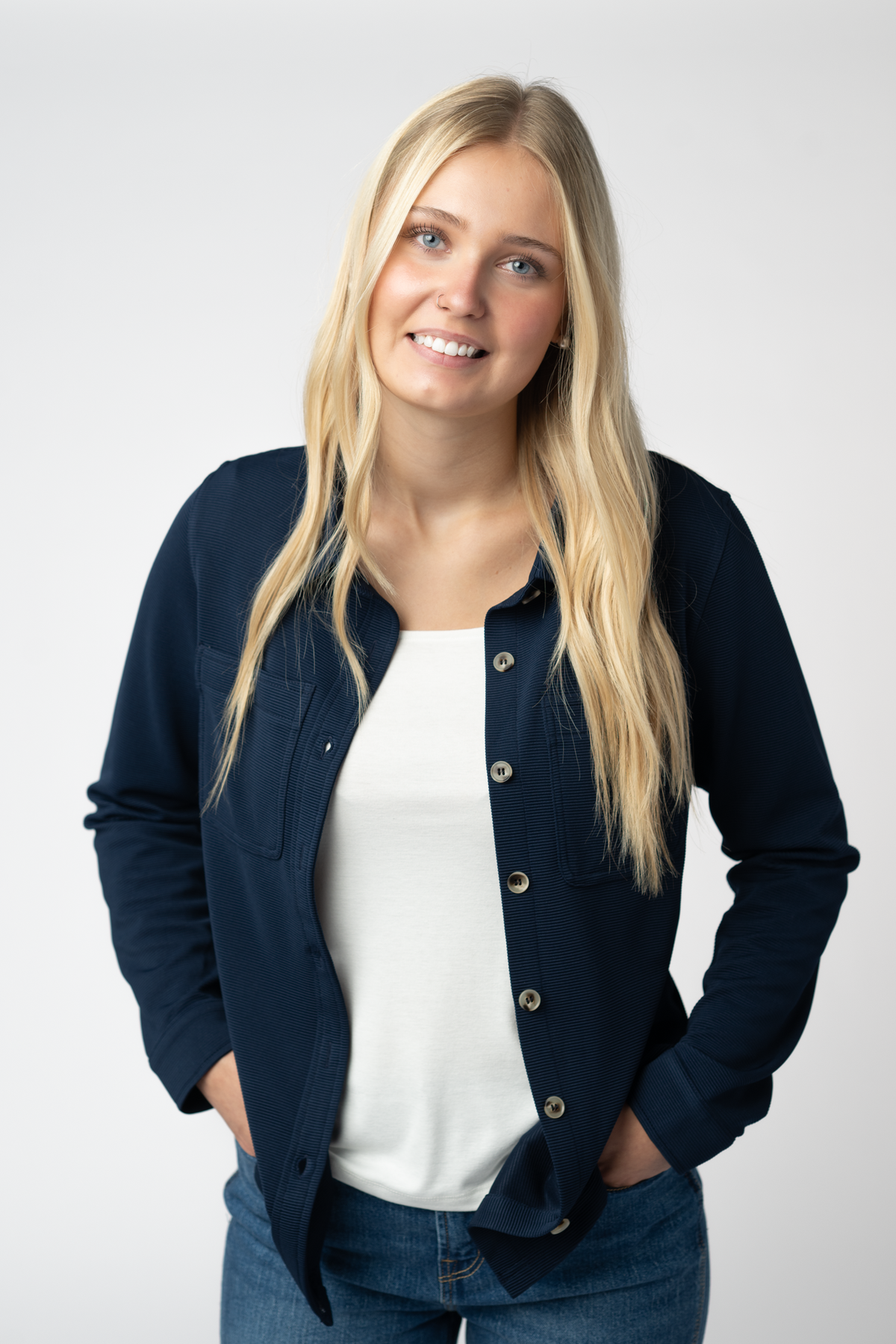 Ryleigh Ribbed Button Down in Navy