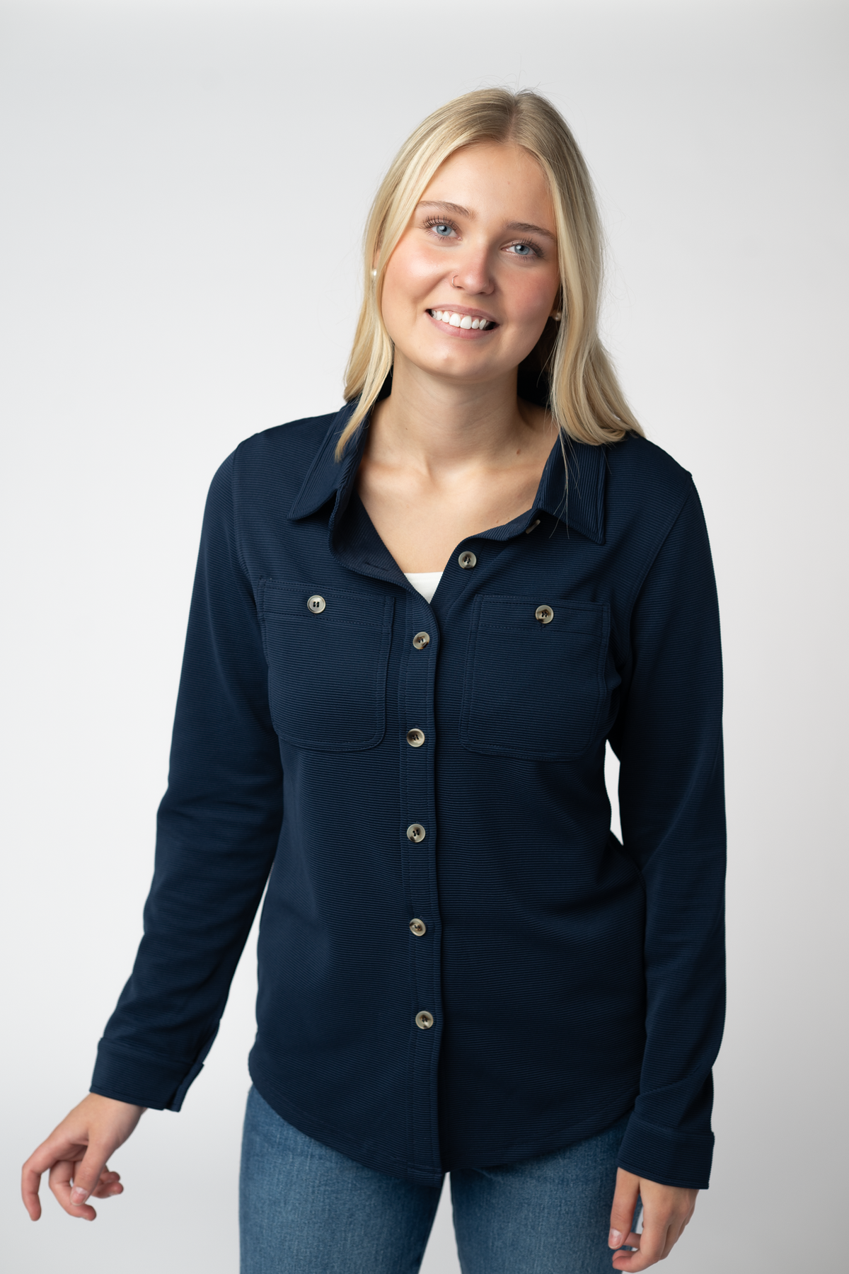 Ryleigh Ribbed Button Down in Navy