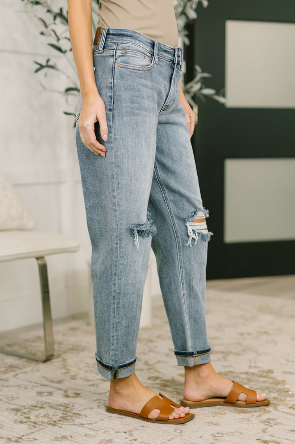 Judy Blue Mid Rise Boyfriend with Distress & Cuff