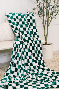 Green and white checkered blanket draped over a chair with a plant in the background.