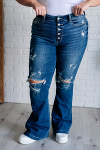 Judy Blue Mid Rise Distressed Button Fly Flare