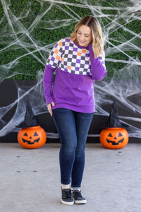 Natalie Pullover in Checkered Bats and Purple
