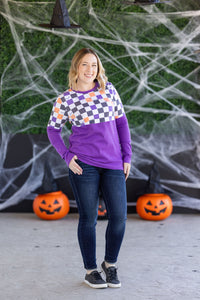 Natalie Pullover in Checkered Bats and Purple
