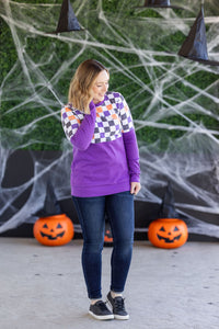 Natalie Pullover in Checkered Bats and Purple