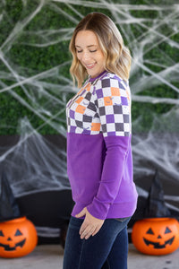 Natalie Pullover in Checkered Bats and Purple