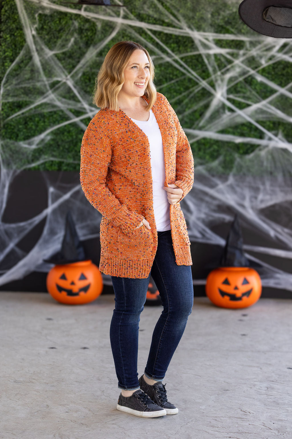 Carly Confetti Dot Cardigan in Pumpkin