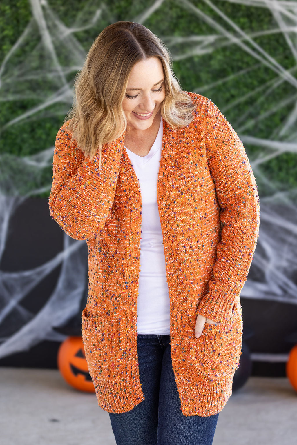 Carly Confetti Dot Cardigan in Pumpkin