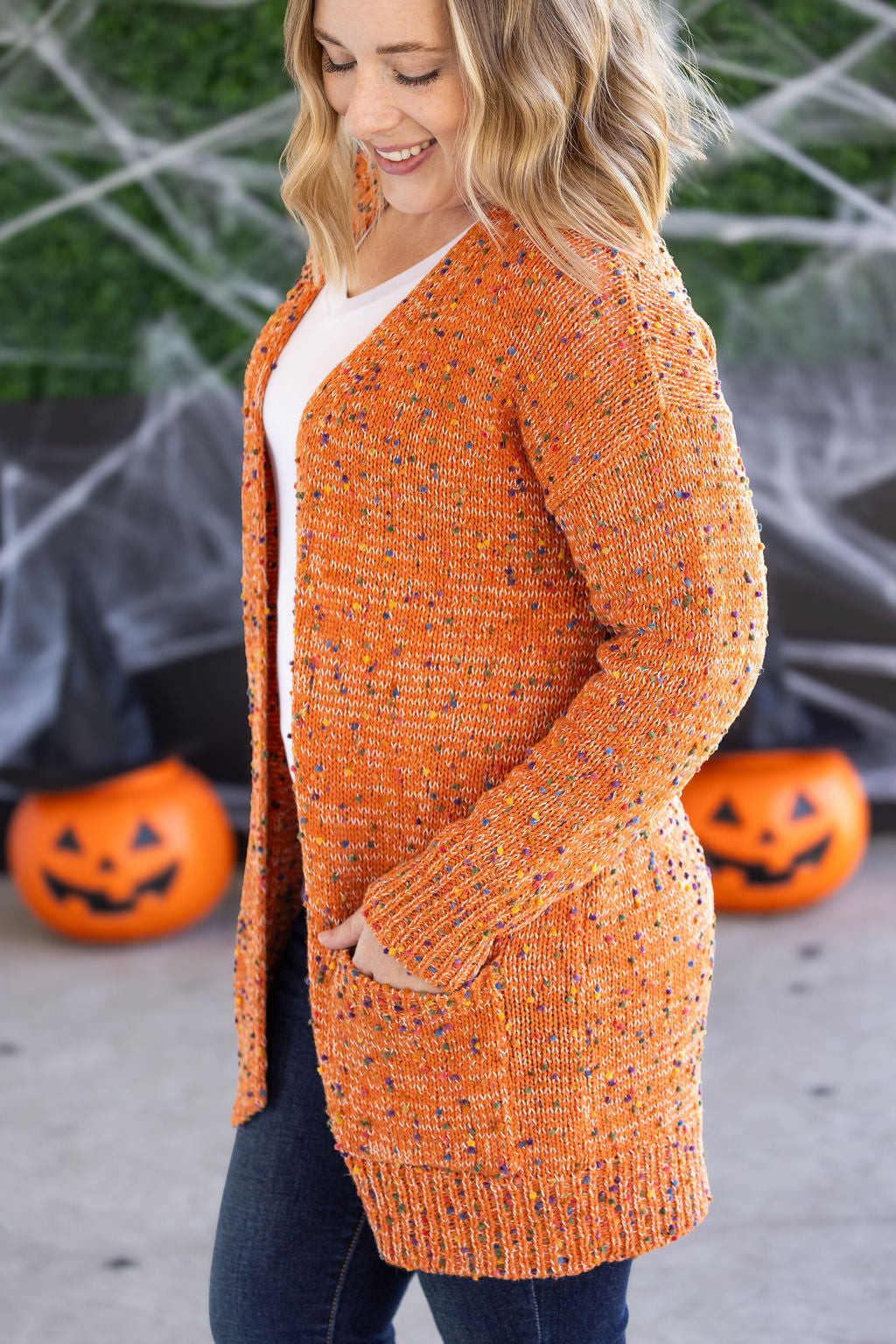 Carly Confetti Dot Cardigan in Pumpkin