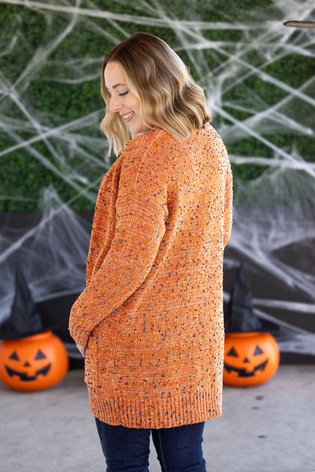 Carly Confetti Dot Cardigan in Pumpkin