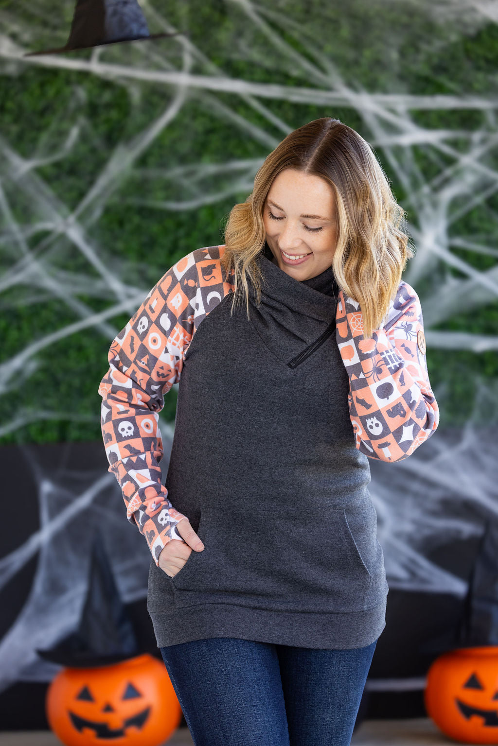 Zoey ZipCowl Sweatshirt in Trick-or-Treat Checkered and Charcoal