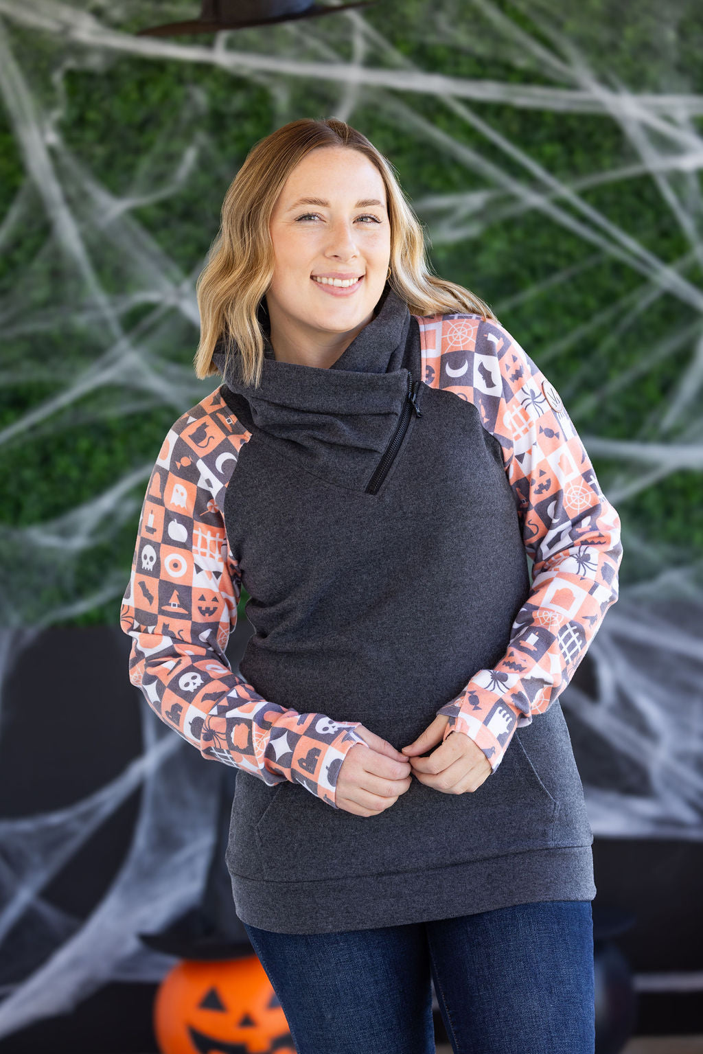 Zoey ZipCowl Sweatshirt in Trick-or-Treat Checkered and Charcoal
