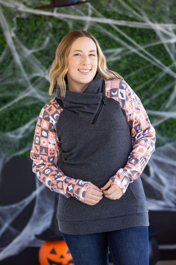 Zoey ZipCowl Sweatshirt in Trick-or-Treat Checkered and Charcoal