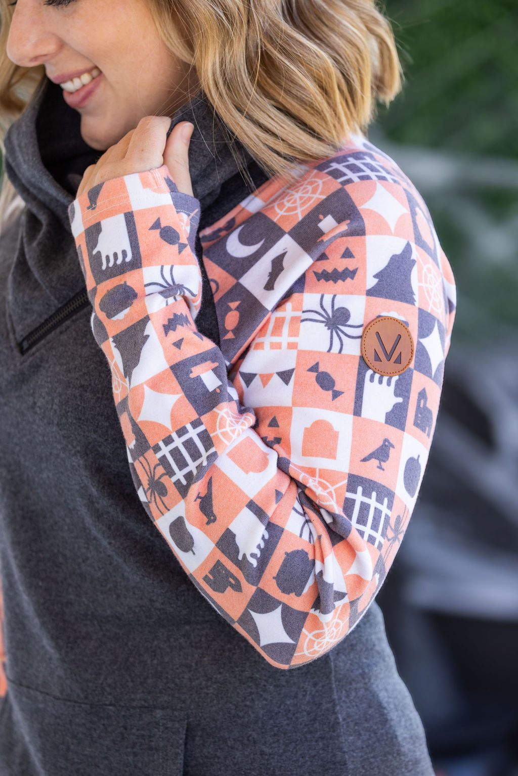 Zoey ZipCowl Sweatshirt in Trick-or-Treat Checkered and Charcoal