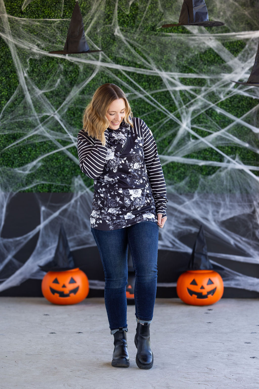 Zoey ZipCowl Sweatshirt in Black Floral and Stripes