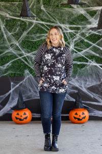 Zoey ZipCowl Sweatshirt in Black Floral and Stripes