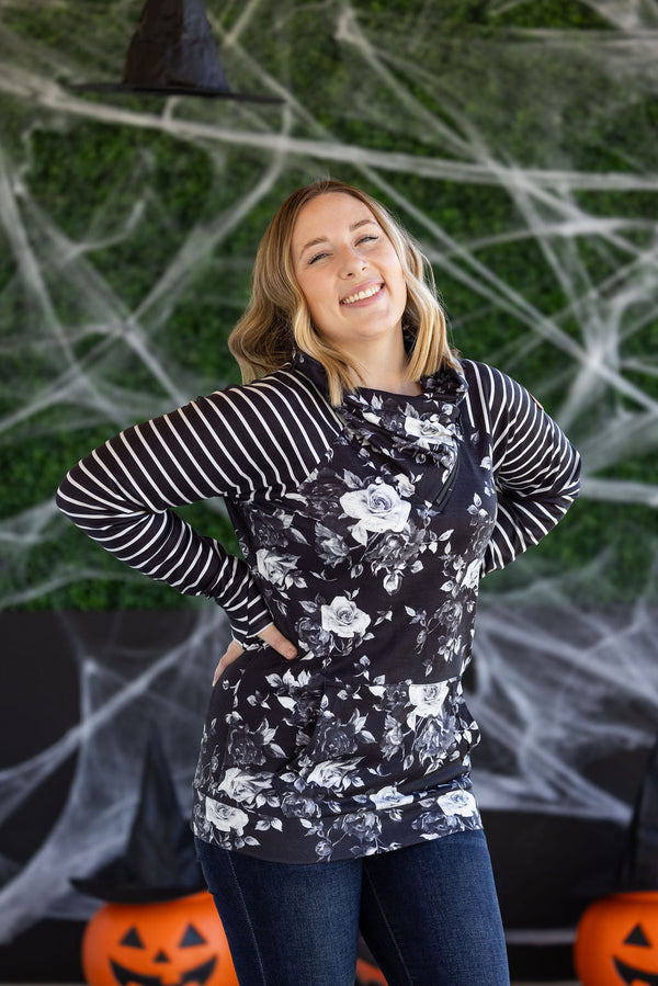 Zoey ZipCowl Sweatshirt in Black Floral and Stripes