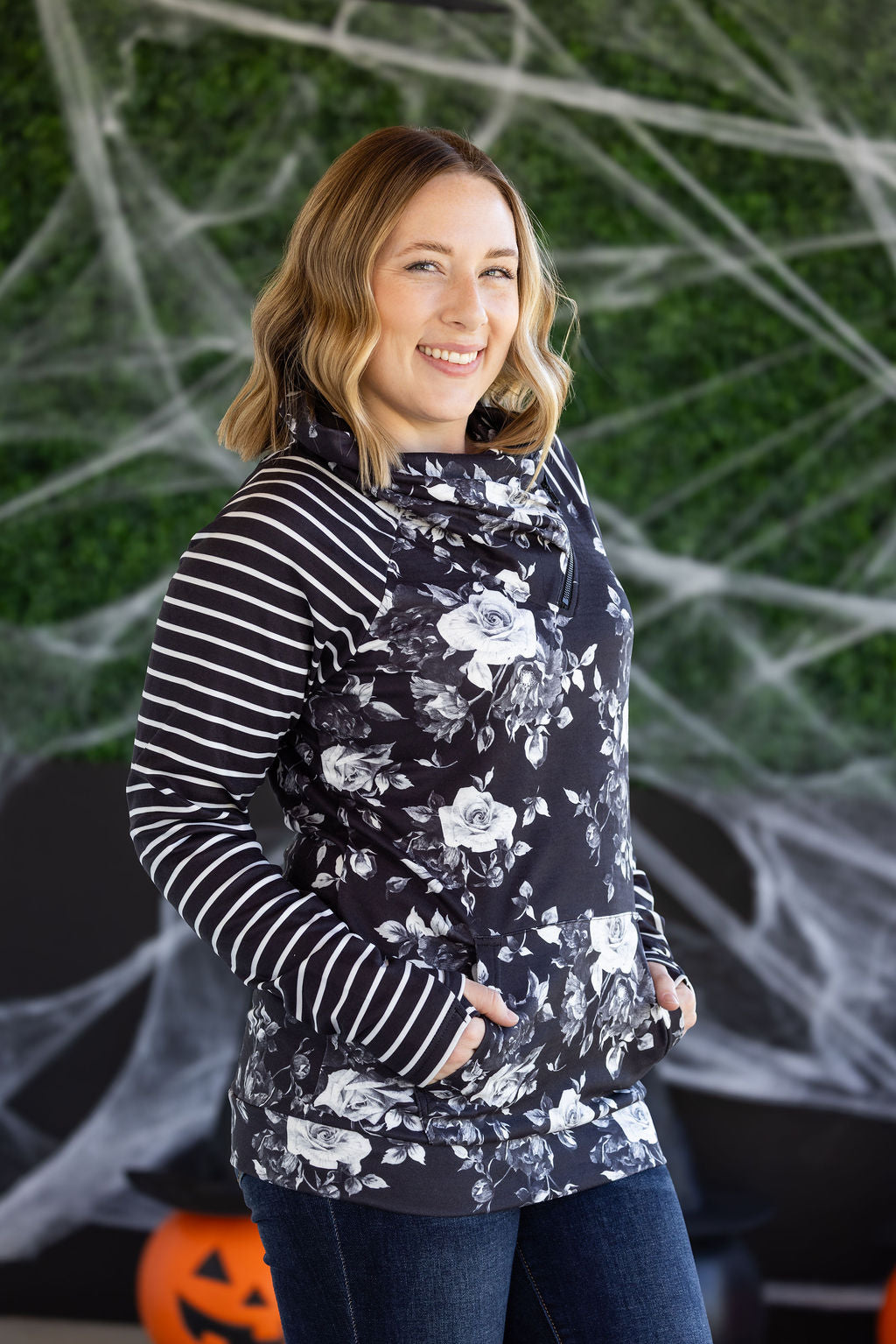 Zoey ZipCowl Sweatshirt in Black Floral and Stripes