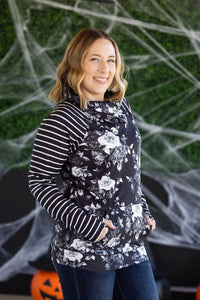 Zoey ZipCowl Sweatshirt in Black Floral and Stripes