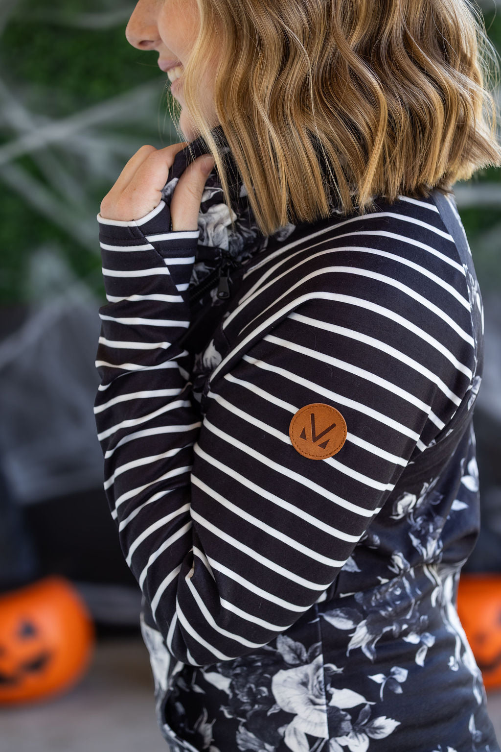 Zoey ZipCowl Sweatshirt in Black Floral and Stripes