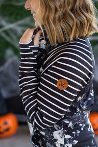 Zoey ZipCowl Sweatshirt in Black Floral and Stripes