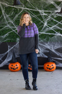 Natalie Pullover in Purple Plaid and Charcoal