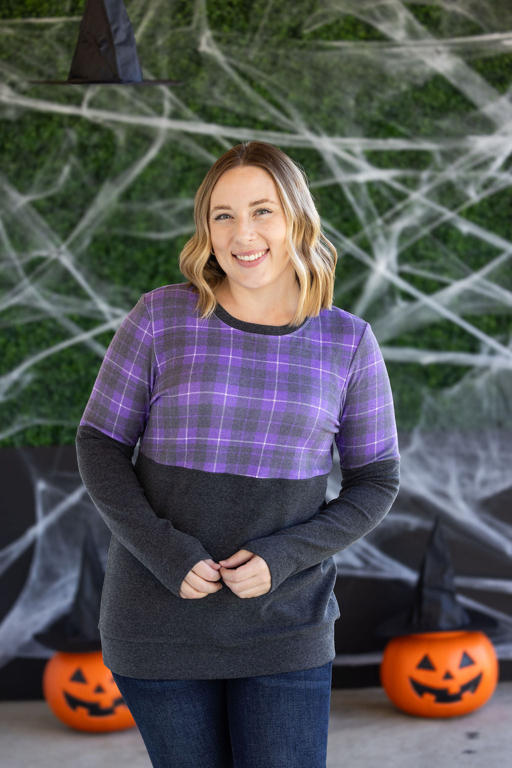 Natalie Pullover in Purple Plaid and Charcoal