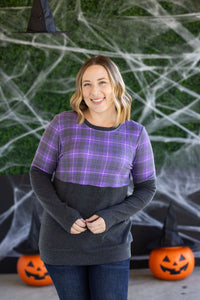 Natalie Pullover in Purple Plaid and Charcoal