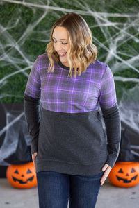 Natalie Pullover in Purple Plaid and Charcoal